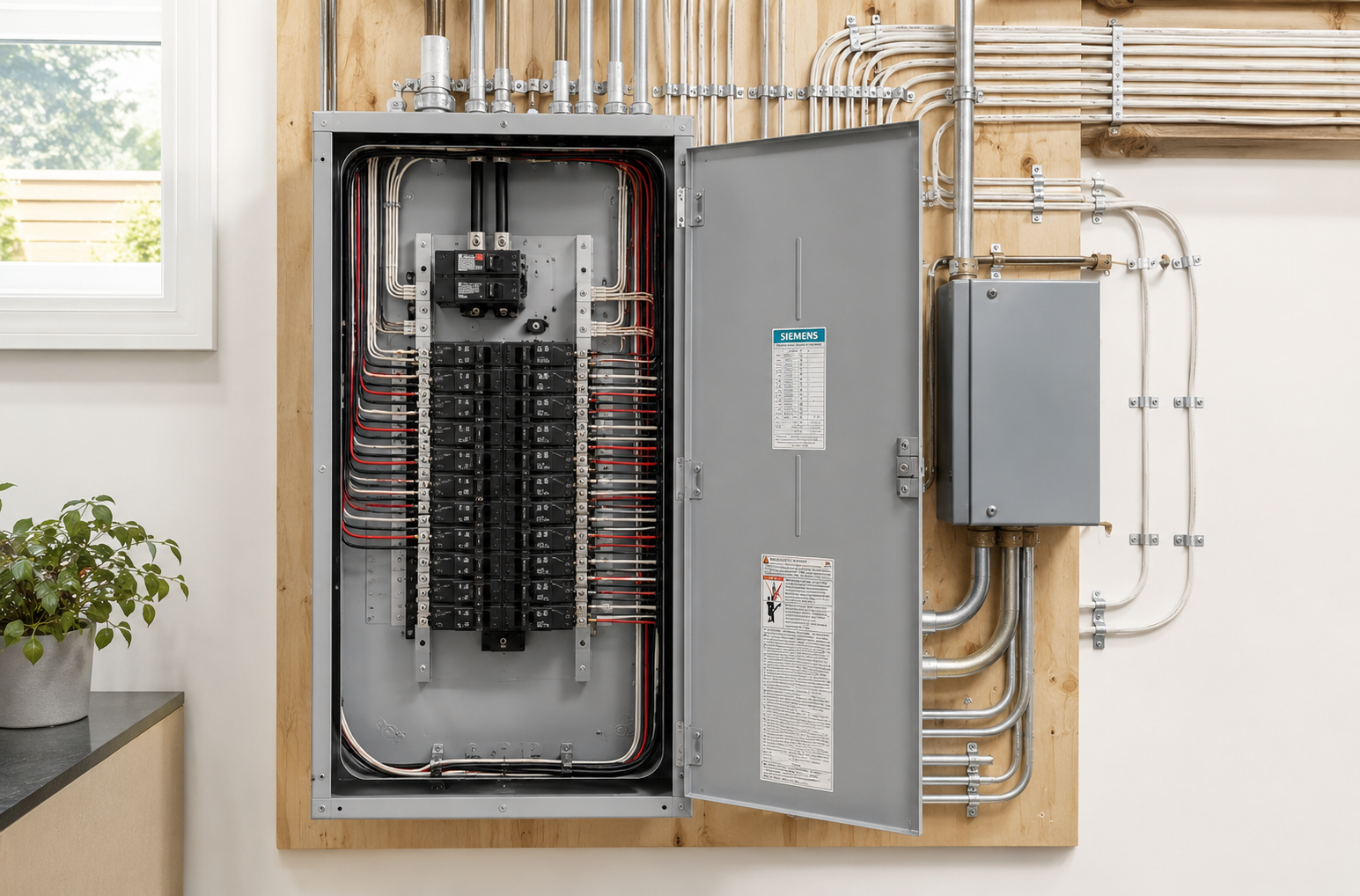 Clean electrical panel setup in basement